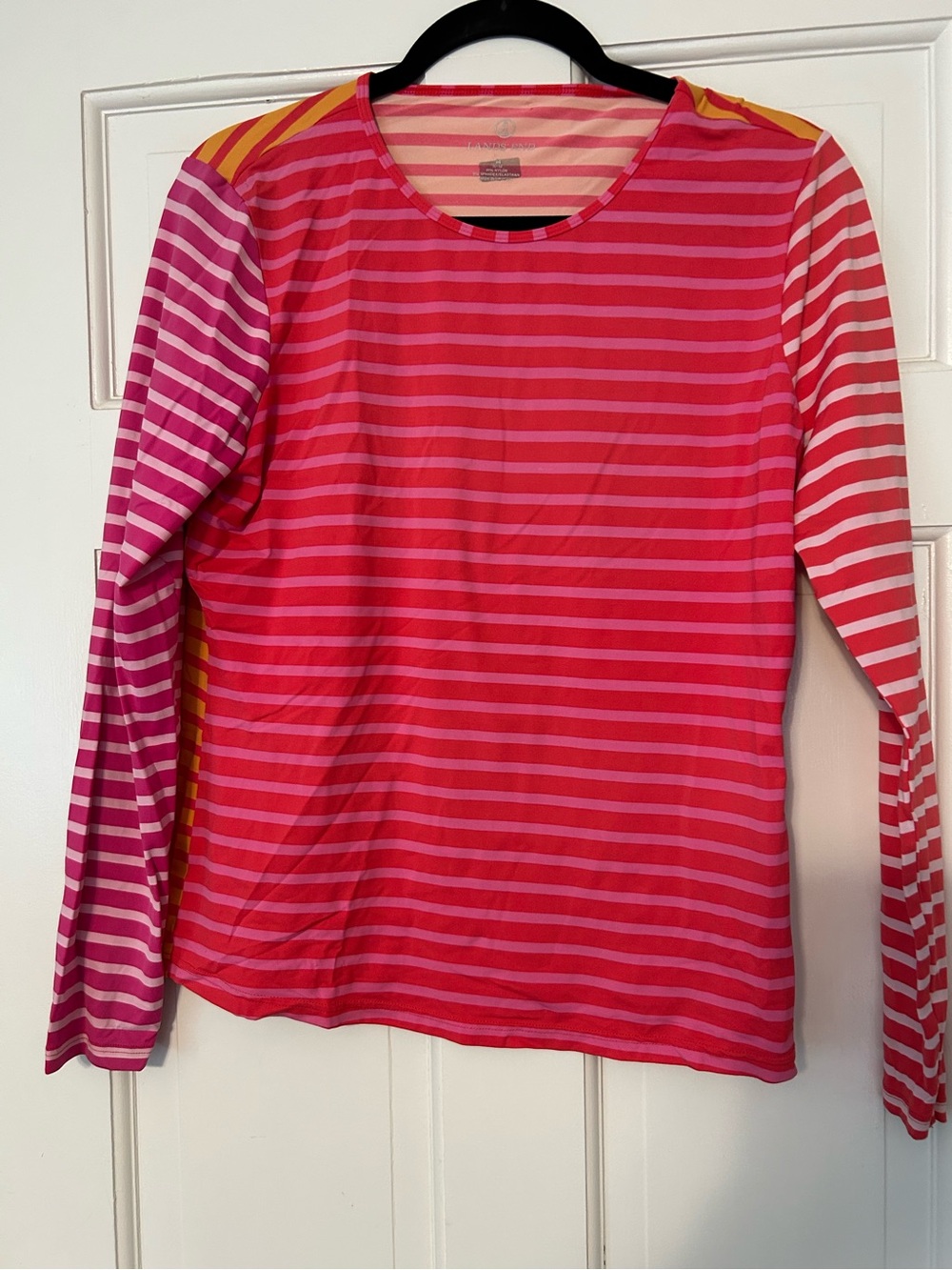 Lands' End Pink striped Swim Rash guard with Yellow Accent